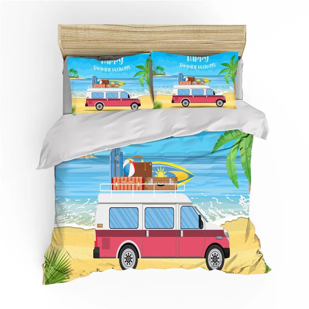Surf Duvet Cover Hippie Classic Old Bus Surfboard Freedom Holiday Exotic Life Sketchy Art Yellow Orange Room Decor For Women Men
