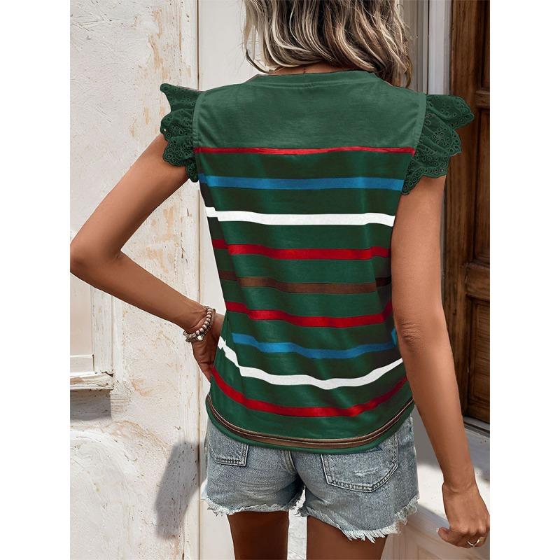 JKASHDK Women's Fashion Casual Summer Spring Stripe Print Short Sleeve O-Neck Blouses & Shirts