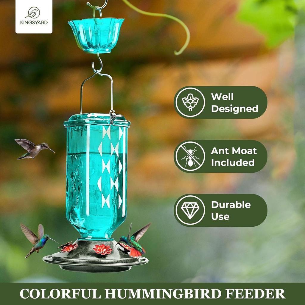 Glass Hummingbird Feeder for Outdoor Hanging, 24 Ounces, 6 Feeding Ports, Bird Nectar Feeder for Garden Décor, Ant Moat Included, Turquoise