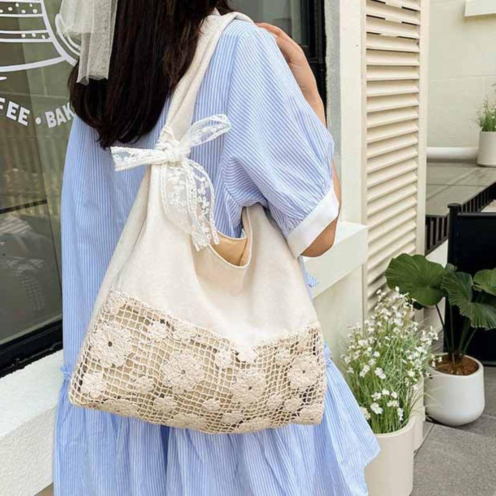 with Lace Ribbon Flower Beach Bag Hollow Out Hollow Shoulder Bag Solid Color Woven Bag  Streetwear