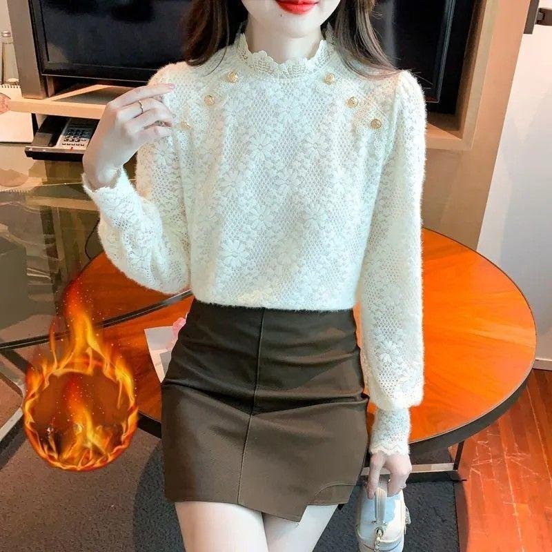 Herbst- und Winter-Flock-Spitzen-Pullover, Damen-Halbhoher Kragen Fleece-Basisschicht, Stilvolle Damen-Innenschicht, Damen-Oberteil