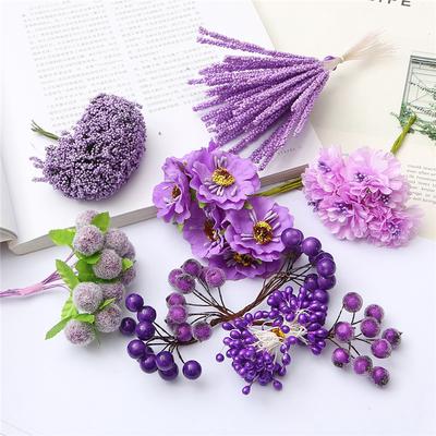Série violette, fleurs artificielles, étamines de cerisier, baies, bricolage, gâteau, noël, boîte-cadeau de mariage, couronnes, décoration artisanale