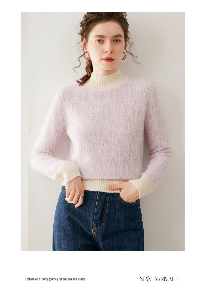 Women's Color Block Cashmere Sweater - Thick, Round Neck, Loose Fit, Jacquard Knit, Autumn/Winter.