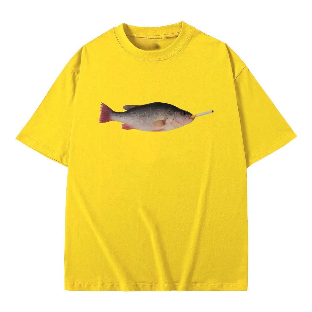 Fish Smoking Funny Vertebrata Printed Lovers Meme Tshirts Women Casual Vintage Women Short Sleeve Tshirt Causal Clothing