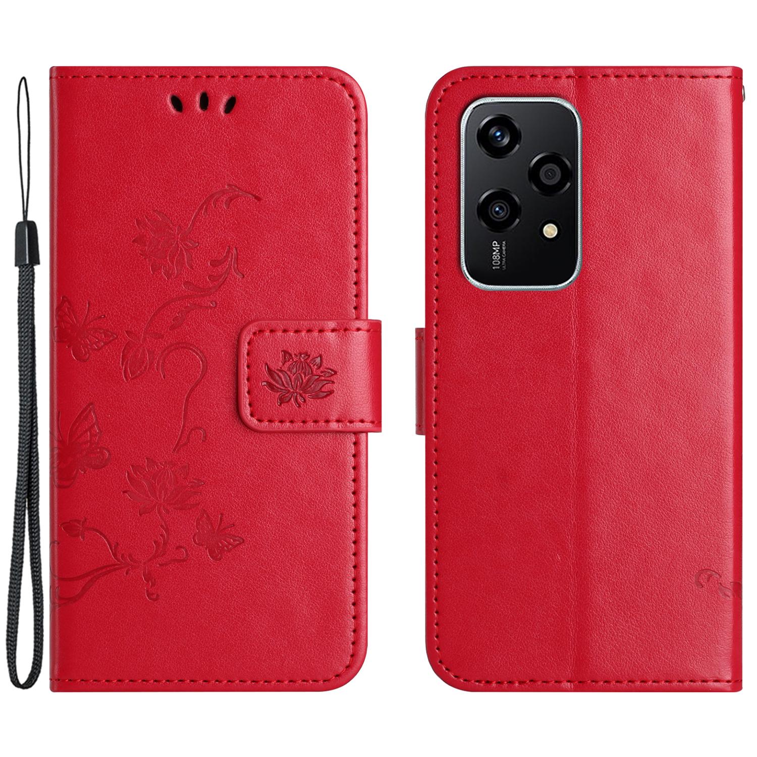 

For Honor 200 Lite Case Butterfly Flower Leather Wallet Book Stand Phone Cover Red