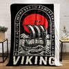 A Viking Ship On Waves, Framed by Runes, with a Red Sun In the Background. for All Seasons Blanket Lunch Break Throw Gift