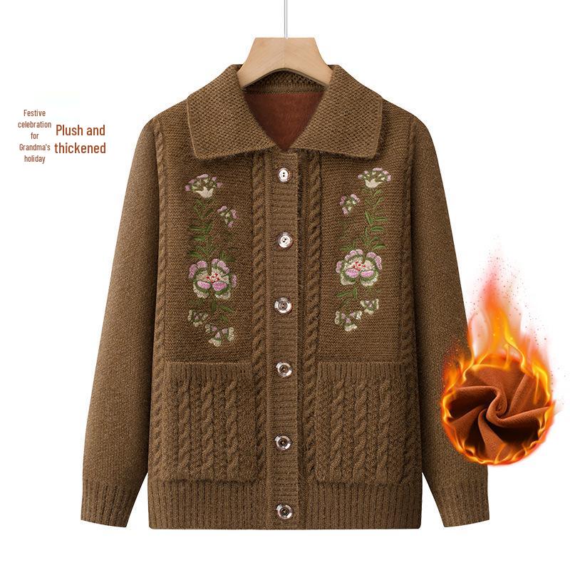 Dicker Strick-Cardigan für ältere Frauen: Oma-Stil, Pullover mit Kragen für Herbst und Winter.