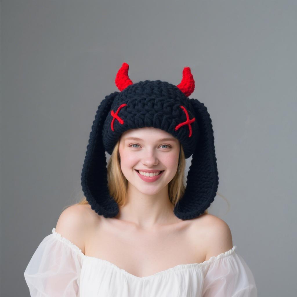 Japanese Popular Funny Devil Corner Crochet Knitted Beanie Hat Handmade Cute Long Ear Warm Cover Warm Wool Hat Spot