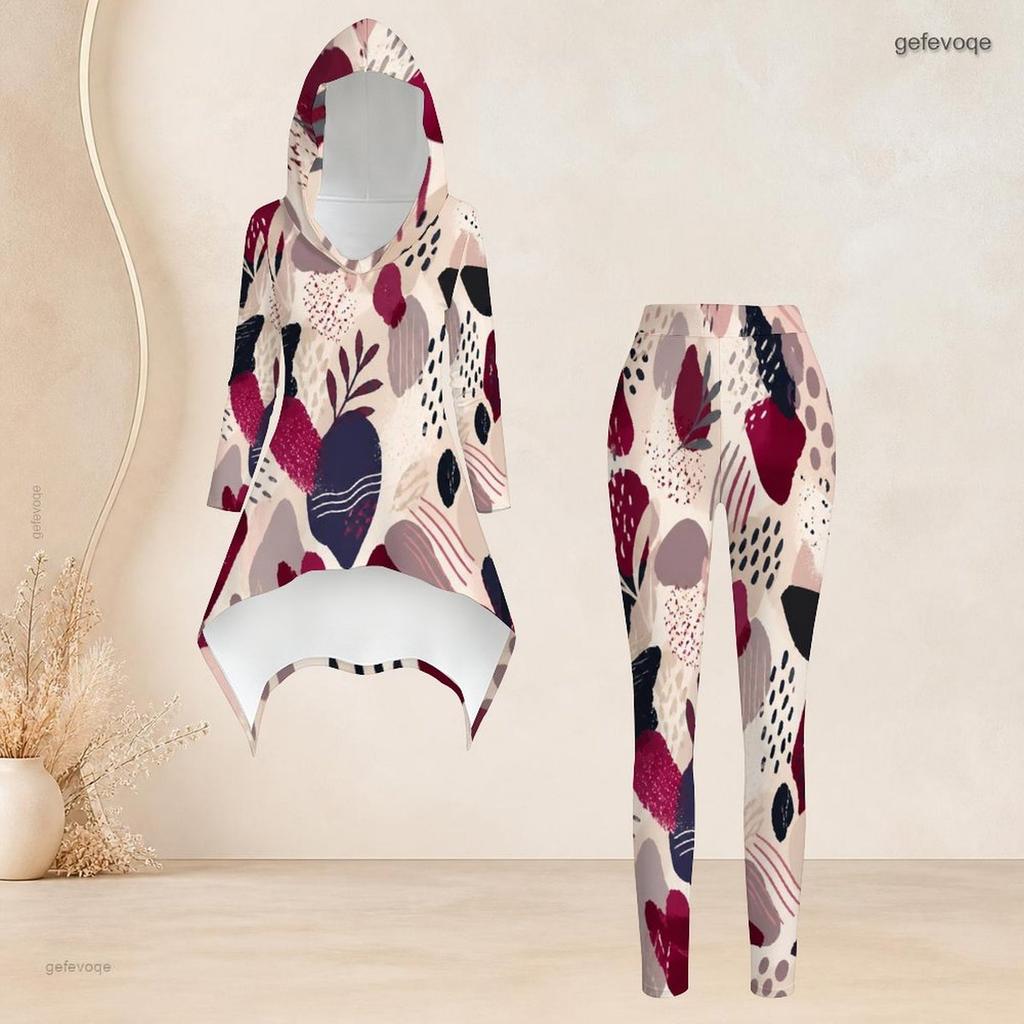 Women Plus Size Geometric Printed Two Piece Set Hooded Long Sleeve High Low Top Fitted Pants