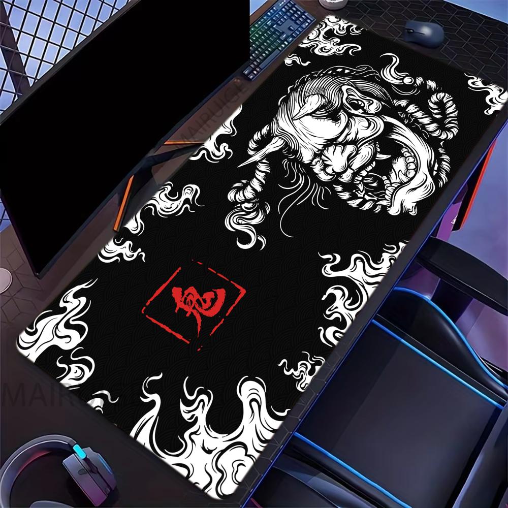 Japanese Hannya Demon Pattern XXL Gaming Mouse Pad Black White Style Non Slip Desk Mat Stitched Edge Desktop Keyboard Mat