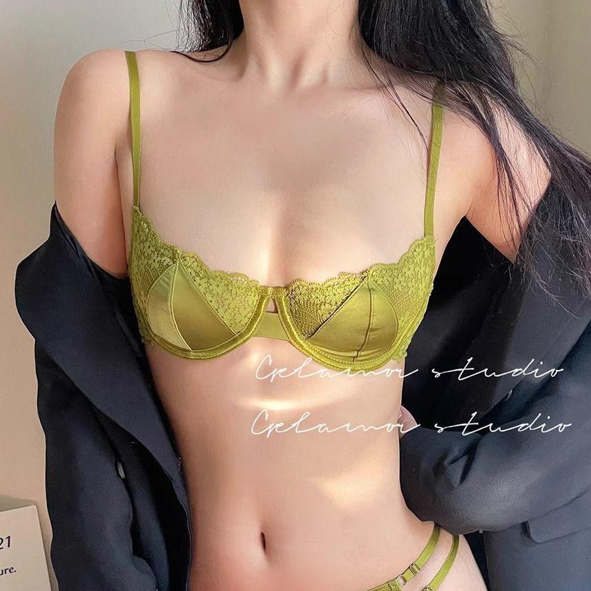French Coquette Lace Soft Underwire Bra Set, Half Cup Push Up Back Beauty Small Bust Women Lingerie Set