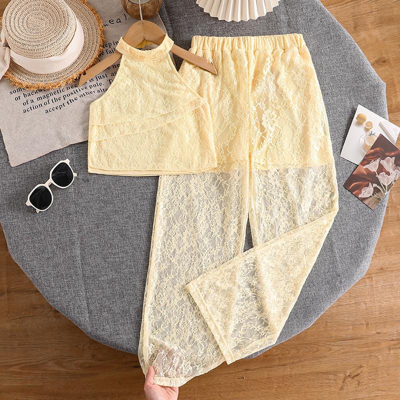Girls  Fashionable Summer Outfit - Children s Sweet Sleeveless Top with Lace Detailing, Plus Wide-leg Pants Set 130cm=8Y