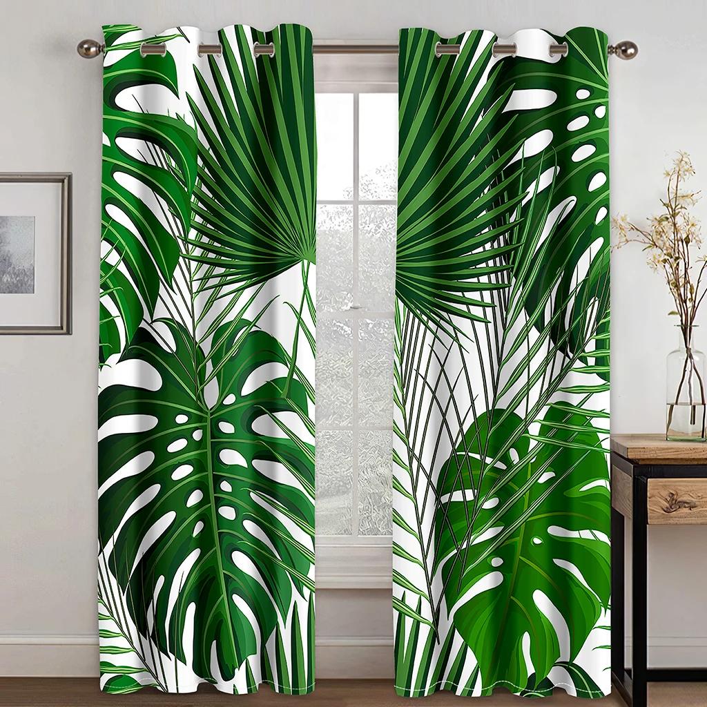 Custom European Elegant Green Leaves Curtains Luxury Curtains Tropical Leaves Pattern Window Curtains for Bedroom Living Room