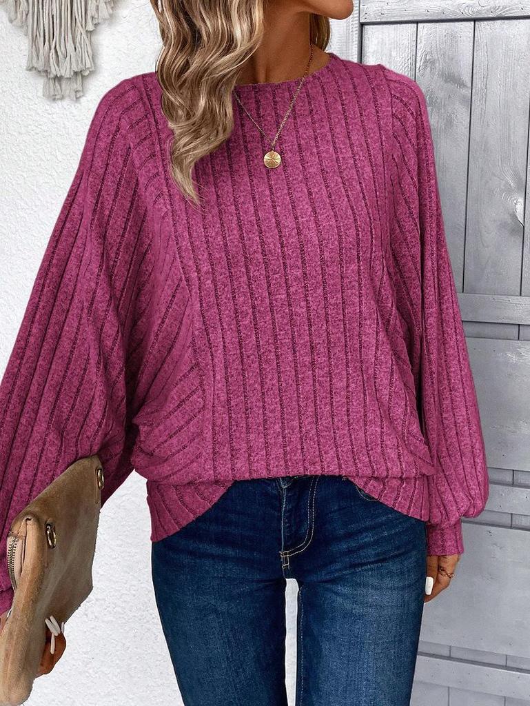 2025 Women's Chic Ribbed Lantern Sleeve Top - Comfortable Casual Solid Color for Autumn/Winter