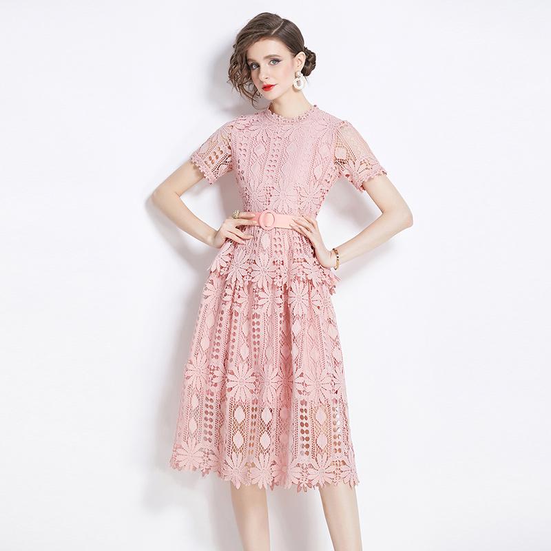 

Елегантна жіноча однотонна мереживна літня сукня з вишивкою, 2024, вінтажна офісна жіноча сукня довжини міді з коротким рукавом L