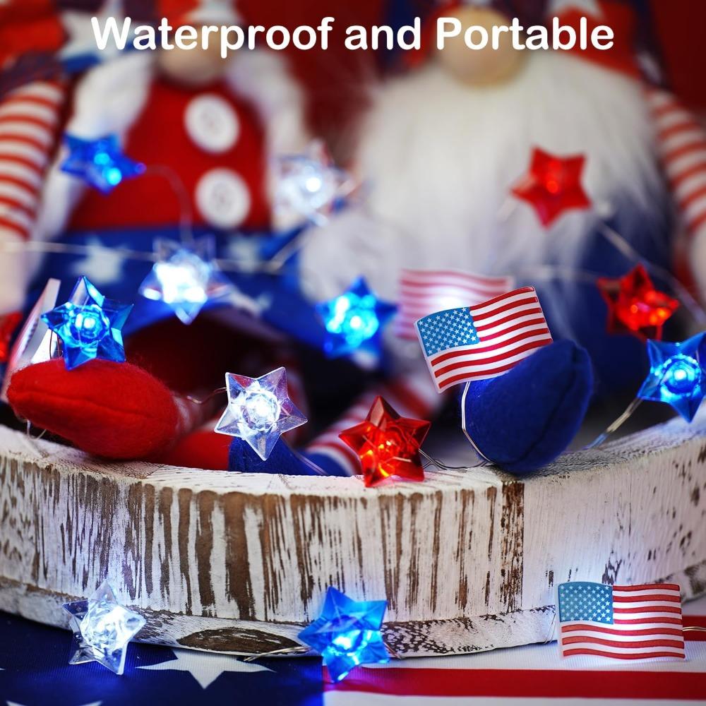 30 LED Patriotic String Lights Red White Blue Star Flag Fairy Lights Battery Operated 8 Modes Remote Timer for 4th July Memorial Day Decor