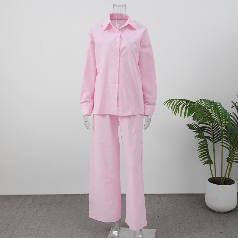 Bavlněná lněná dámská kalhotová souprava ležérní volná jednobarevná knoflíková košile kalhoty outfit léto dámský denní šik volné kalhoty oblek nový