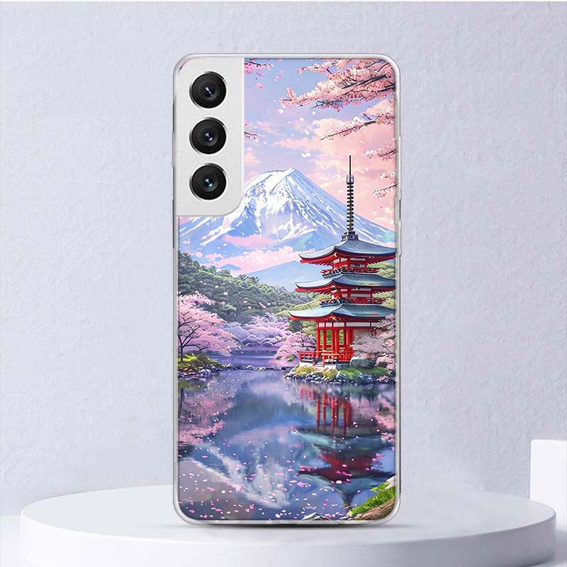 Japanese Cherry Mount Fuji Soft Case For Samsung Galaxy S25 S24 S23 S22 Ultra Phone Cover S20 FE S21 Plus S25 Edge + Funda Coque
