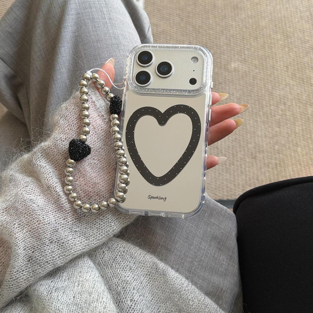 Korean-Style Black Heart Mirror Phone Case for iPhone 15/16/17/17 Pro Max (Female)