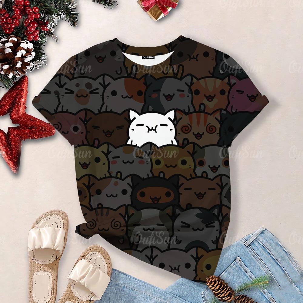 

Женская футболка с мультяшным котом, модная 3D-футболка 2025 года, новая модная блузка с короткими рукавами, свободные уличные футболки, повседневные женские топы XL