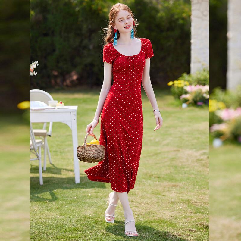 Bailuyu Women's Polka Dot U-Neck Slim-Fit Long Dress