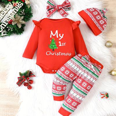 Langarm-Strampelanzug für Baby-Mädchen mit „My 1st Christmas“-Aufdruck, Hose mit Weihnachtsmuster, Mütze und Stirnband