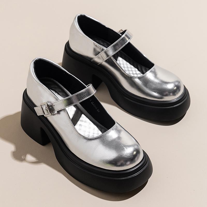 

Женские туфли Мэри Джейн на толстой подошве, модные кожаные туфли в студенческом стиле на толстом каблуке высотой 6 см, серебристо-черные туфли-лодочки, размер 35-42 35