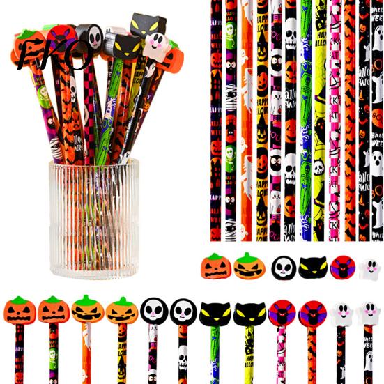 Ghost Pencils 12 Pcs Halloween with 3D Skull Pumpkin Cat Erasers, Holiday Writing Wood Bulk for Goodie Bags, School Classroom Rewards Supplies