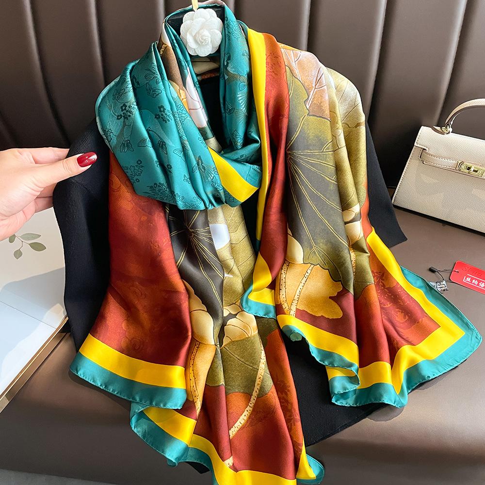 New silk scarf new silk satin printed shawl holiday fashion sunscreen long section simulation silk scarf