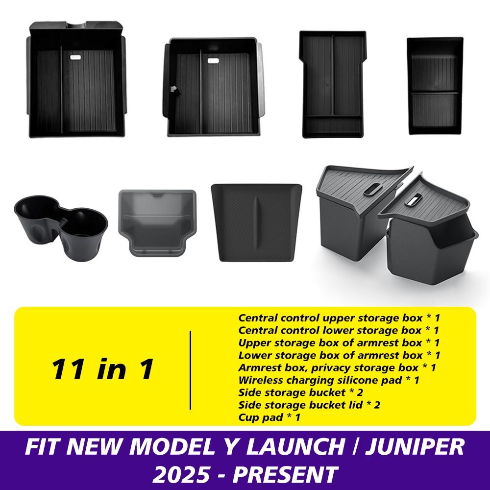 for Tesla New Model Y Juniper Launch 2025 Console & Armrest & Rear Trunk Storage Bins Side Box Organiser Watercup Accessories