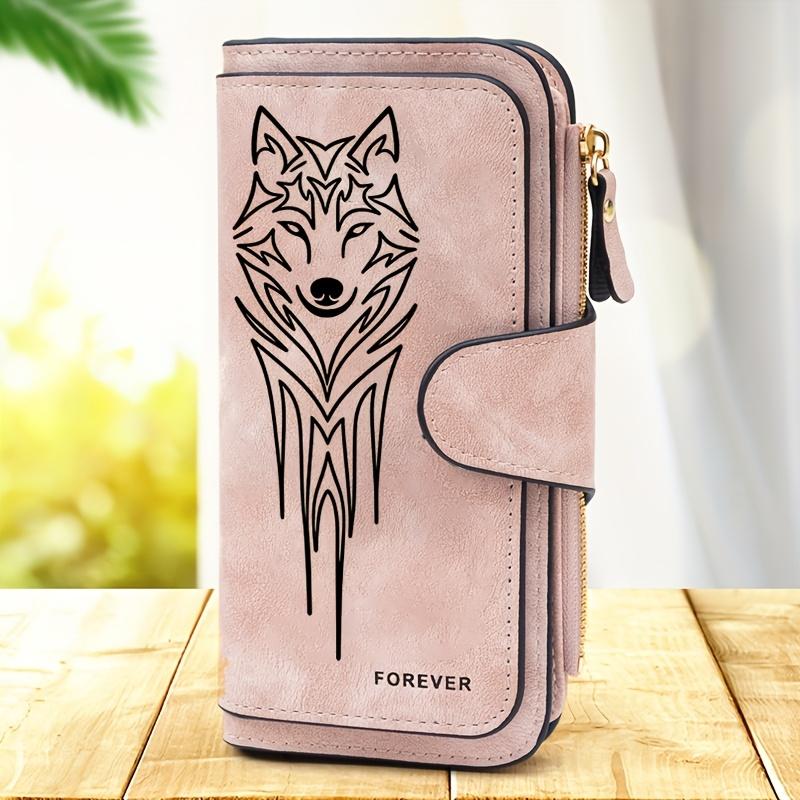 Women's Long Wallet with Wolf Pattern 1 Piece Multifunctional Portable Snap Button Coin Purse Suitable As Birthday Gift for Cat Lovers Practical