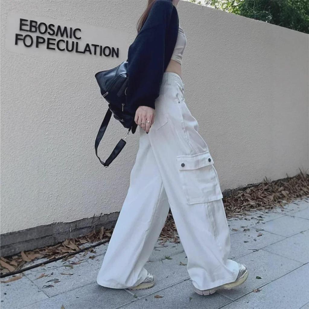 Damen 2025 High-Waist White Pocket Wide-Leg Jeans – Frühling/Herbst Trend