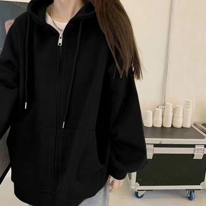 Felpa con cappuccio e zip foderata in pile da donna - Stile coreano pigro, Cardigan spesso per la primavera e l'autunno 2024.