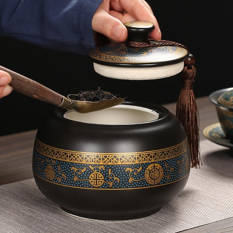 Classical Ceramic Tea Pot with Lid Sealed Pot Household Candy Snack Nut Coffee Bean Storage Tank Moisture-proof Food Container