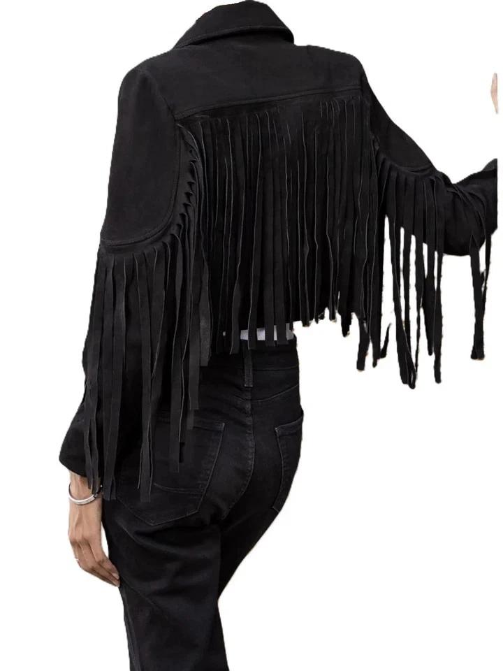 Jacket Stylish Handmade Lambskin Biker Cropped Black Suede Leather Women's Fringe
