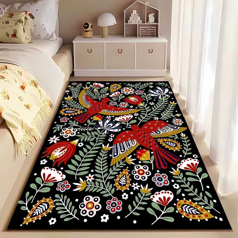 Colorful Bird and Floral Pattern Area Rug with Black Background Suitable for Use As an Anti-slip for Living Room Bedroom Sofas