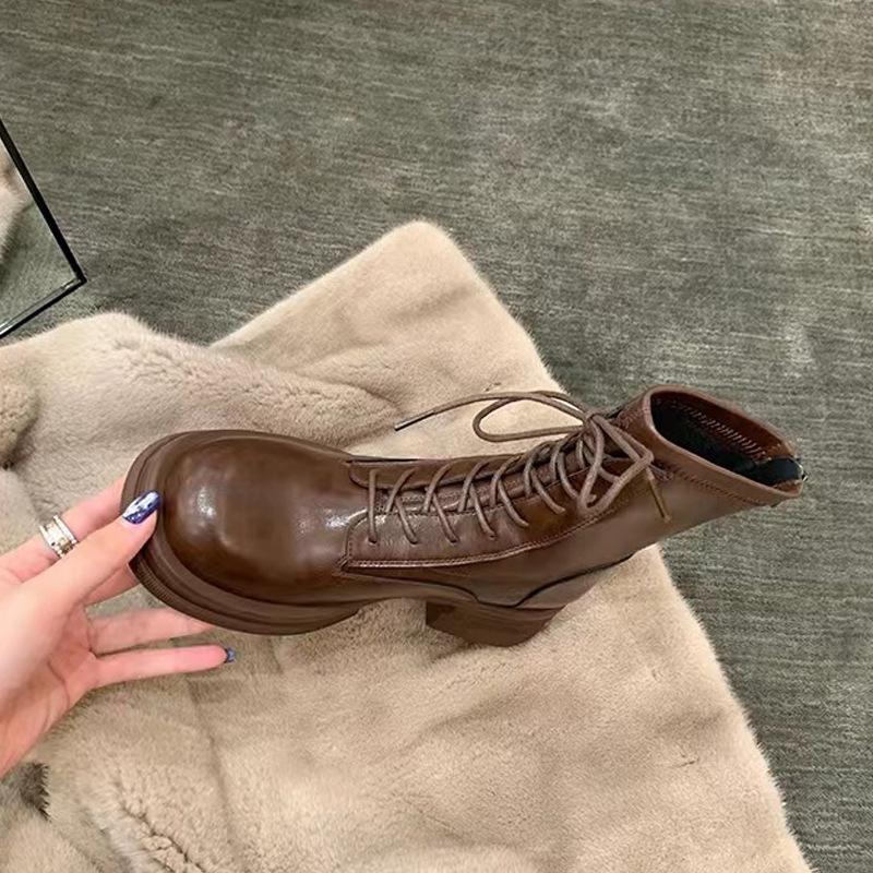 

Осень и зима новые британские ботинки Мартина на шнуровке, круглый носок, толстая подошва, толстый каблук, короткие ботинки женские 35