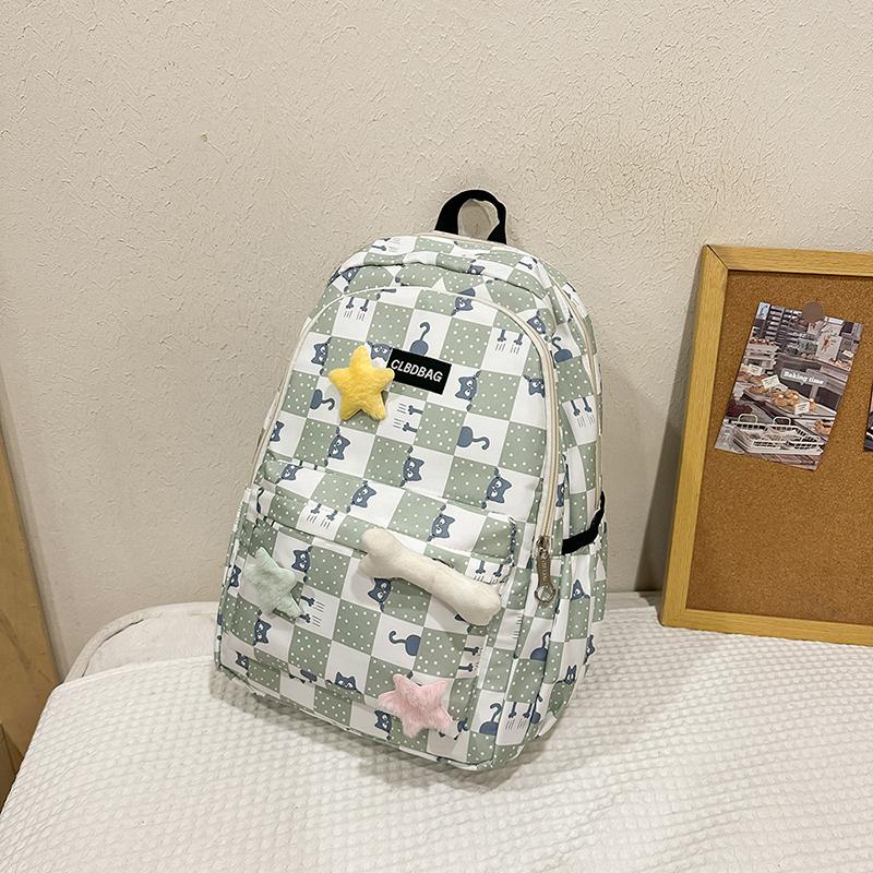 Plaid Cat Print Nylon Schoolbag Large Capacity Backpack High School Student Backpack