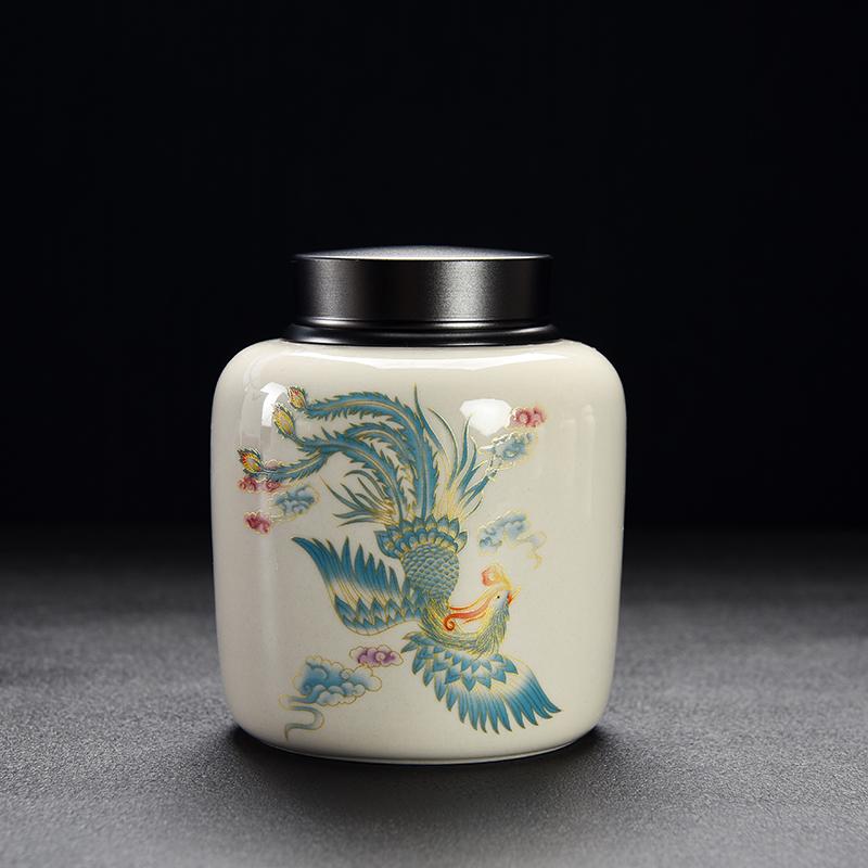 Creative Alloy Sealed Tea Can Ceramic Dragon and Phoenix Pattern Storage Jar Home Coffee Beans Candy Jar Home Decoration Modern