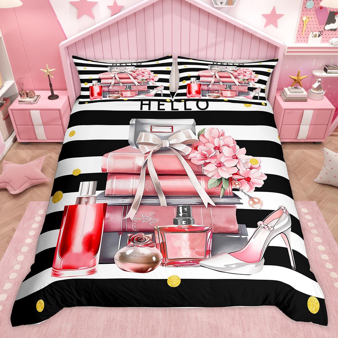 

Homewish Princess Cosmetics Duvet Cover Set, Girls High Heels Perfume Comforter Cover Set, Glitter Makeup Stripe Bed Set DE XS 100x135cm 2pcs&set