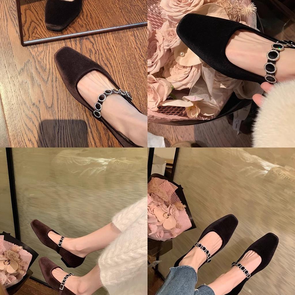 Sheepskin Version~ French Square Head Shallow Mouth Temperament Rhinestone Word with Mary Jane Shoes Women's Suede Low Heel Flat Sole Single Shoes