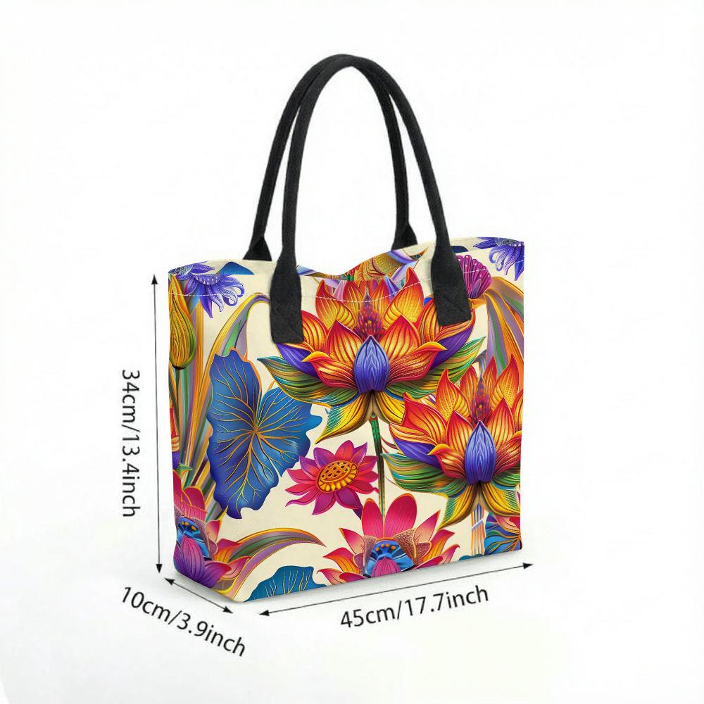  Colorful Lotus Print Tote Bag Casual Large Capacity Canvas Shoulder Bag for Daily Use