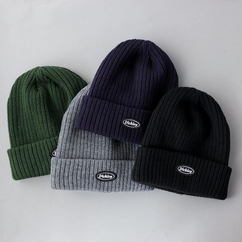 Dickies CALIF Ribbed Knit Cap with Logo Patch, Unisex Acrylic Beanie, Solid Color, Black Patch, for Snowboarding, Men's and Women's