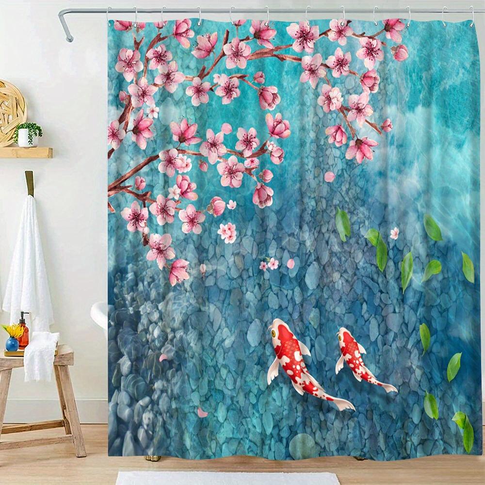 

1pc Serene Koi Fish & Cherry Blossom Art Shower Curtain - Turquoise Water with Blooming Sakura, Vibrant Orange & Pink Floral Des 90x180cm