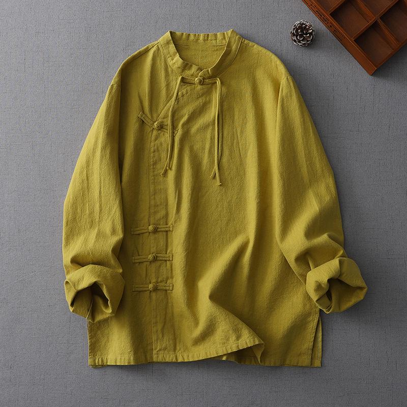 

Women s Vintage Chinese Cotton Linen Stand Collar Shirt with Frog Buttons XXL жовтий
