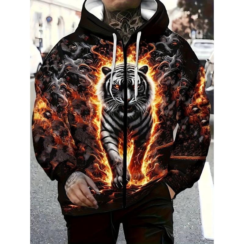 Herren Kapuzenpullover mit Reißverschluss und Tiger-Grafik, Langarm, Lässiger Outdoor-Mode-Mantel mit Kordelzug und Taschen, Reißverschluss-Kapuzenpullover für den Mann