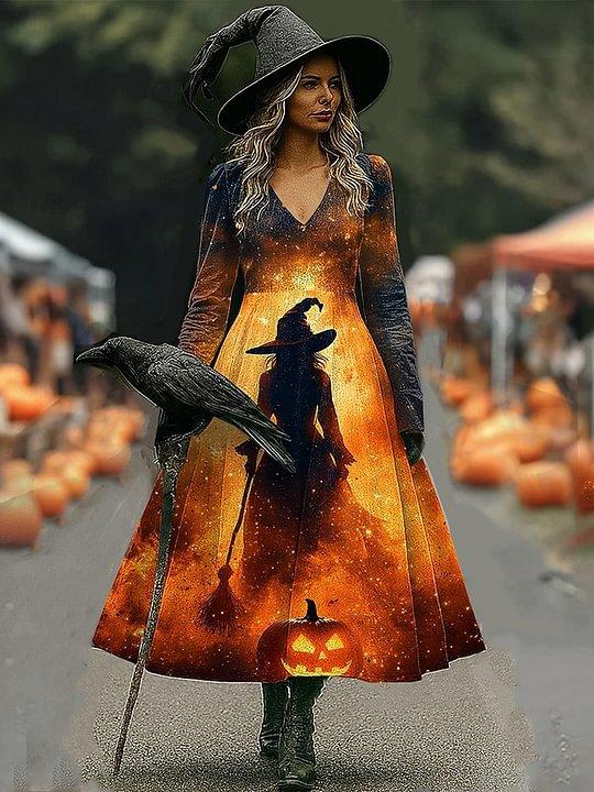 New Women's Autumn Dress Long Sleeve Halloween Dress V-Neck Splicing