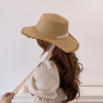 Lace Ribbon Chin Strap Summer Women's Bucket Straw Hat