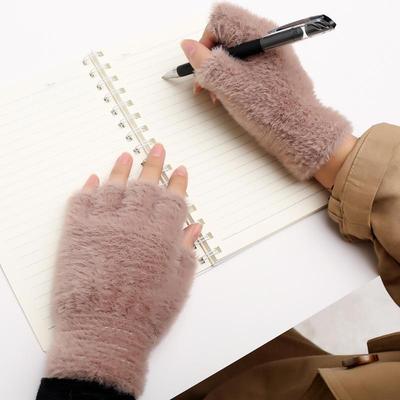 Women's Cute Fingerless Plush Gloves – Warm Nylon Mink Velvet for Autumn and Winter