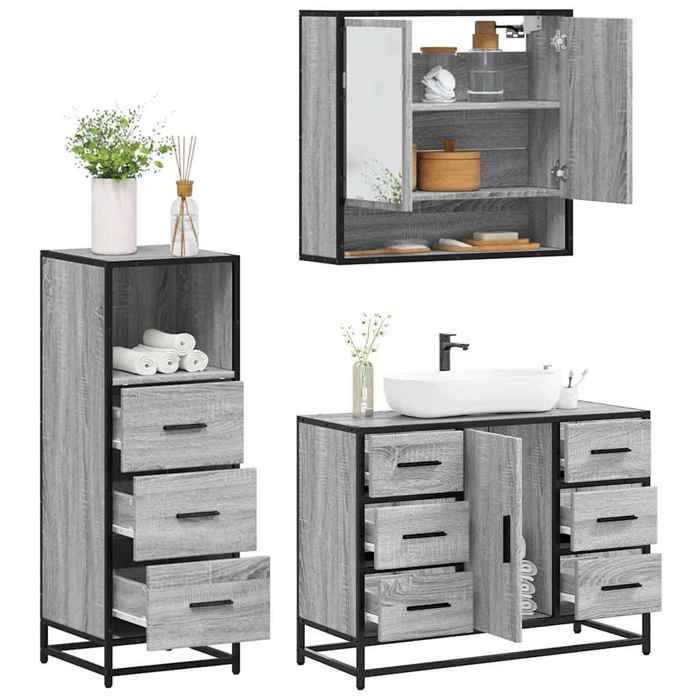 VidaXL Ensemble de meubles de salle de bain 3 pcs Sonoma gris, armoire de salle de bain, armoire de rangement de toilette, 3301053